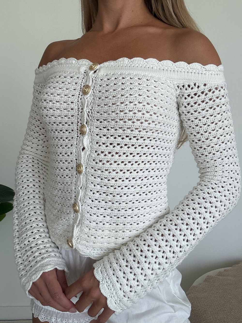 Majorelle Off-Shoulder White Crochet Button-Front Sweater - Picture 3 of 4